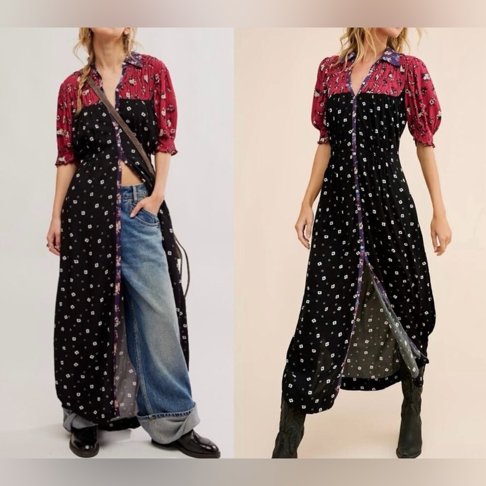 Free People Nora Midi Dress Floral Print Button Down the Front SZ L Black/Red - Picture 11 of 11